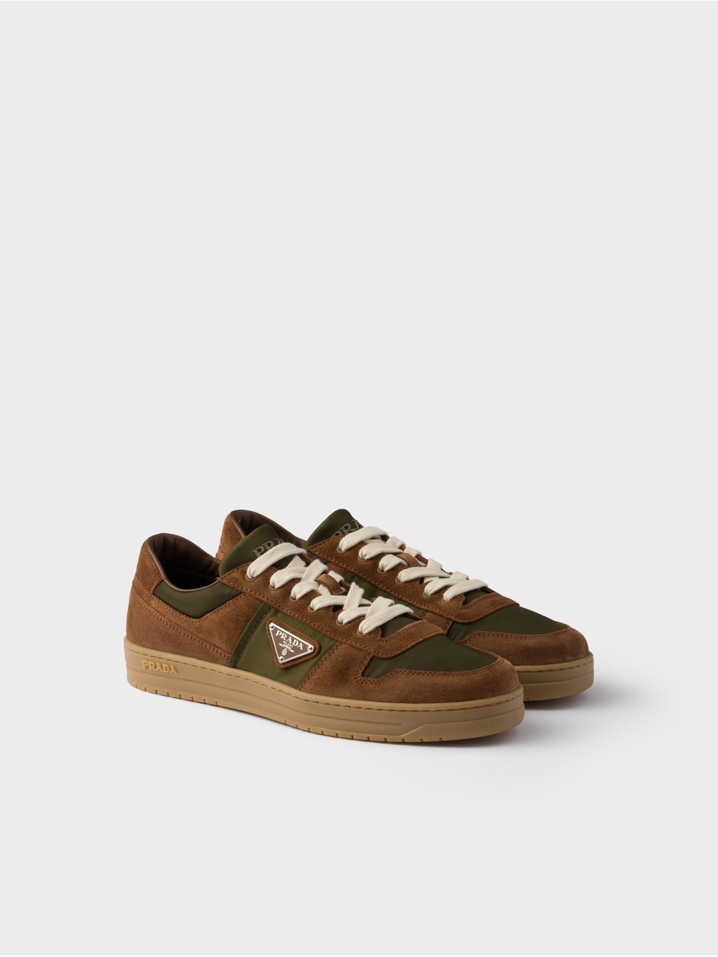 Prada Brown & Olive Green Suede Low-Top Sneakers With Cream Laces